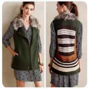 Anthropologie Elevenses Green Wool Blend Faux Fur Collar Crochet Back Vest